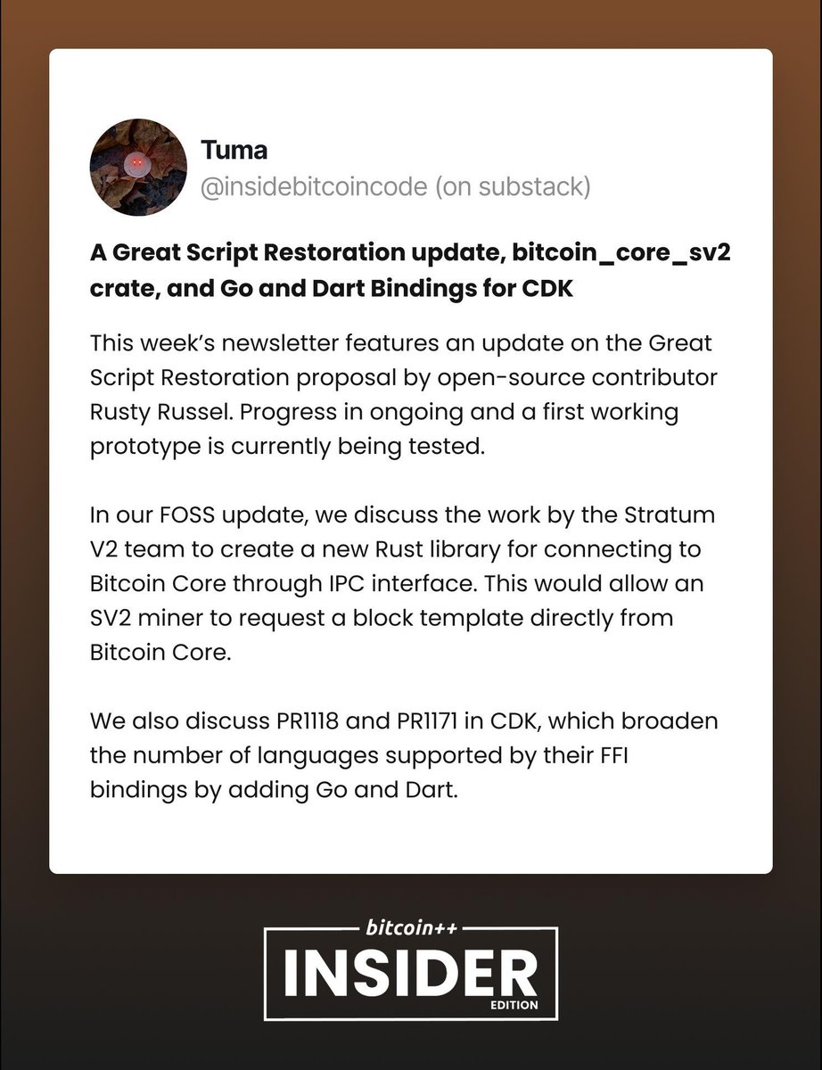 TumaBitcoiner's tweet image. Last Week in Bitcoin:
A Great Script Restoration update, bitcoin_core_sv2 crate, and Go and Dart Bindings for @CashuBTC Development Kit in this week update from @btcinsider__
Find the full post below 👇🏻