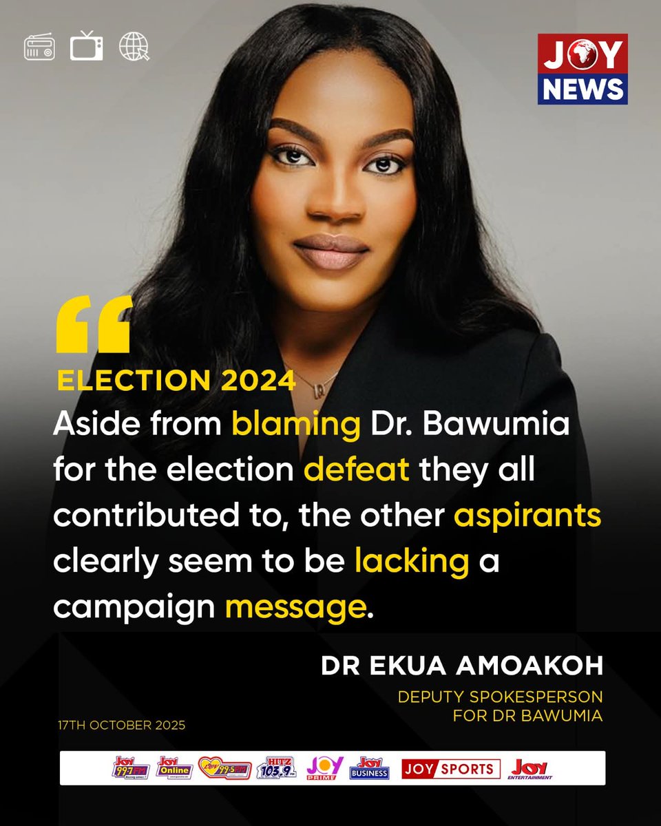 Yabdow2's tweet photo. Election 2024: Aside from blaming Dr. Bawumia for the election defeat they all contributed to, the other aspirants clearly seem to be lacking a campaign message - Dr. Ekua Amoakoh. https://t.co/S47r67Fga2
