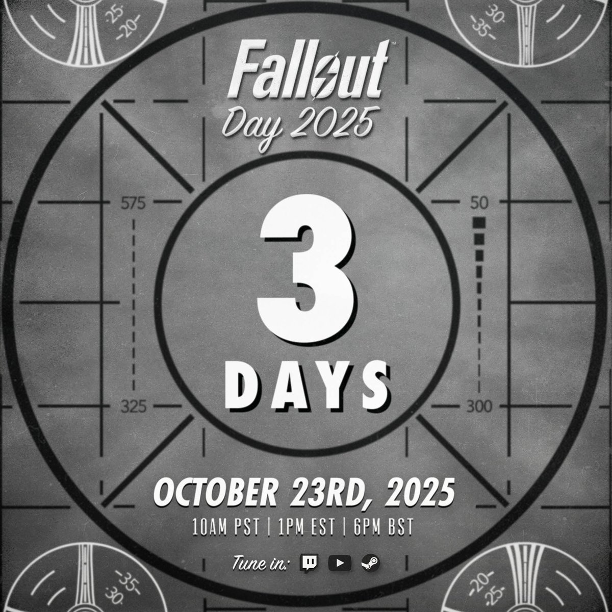 📅 Just 3 days away from the #FalloutDay Broadcast! Join us for a celebration of Fallout and get the latest news about our current titles!

youtube.com/Bethesda
Twitch.tv/Bethesda