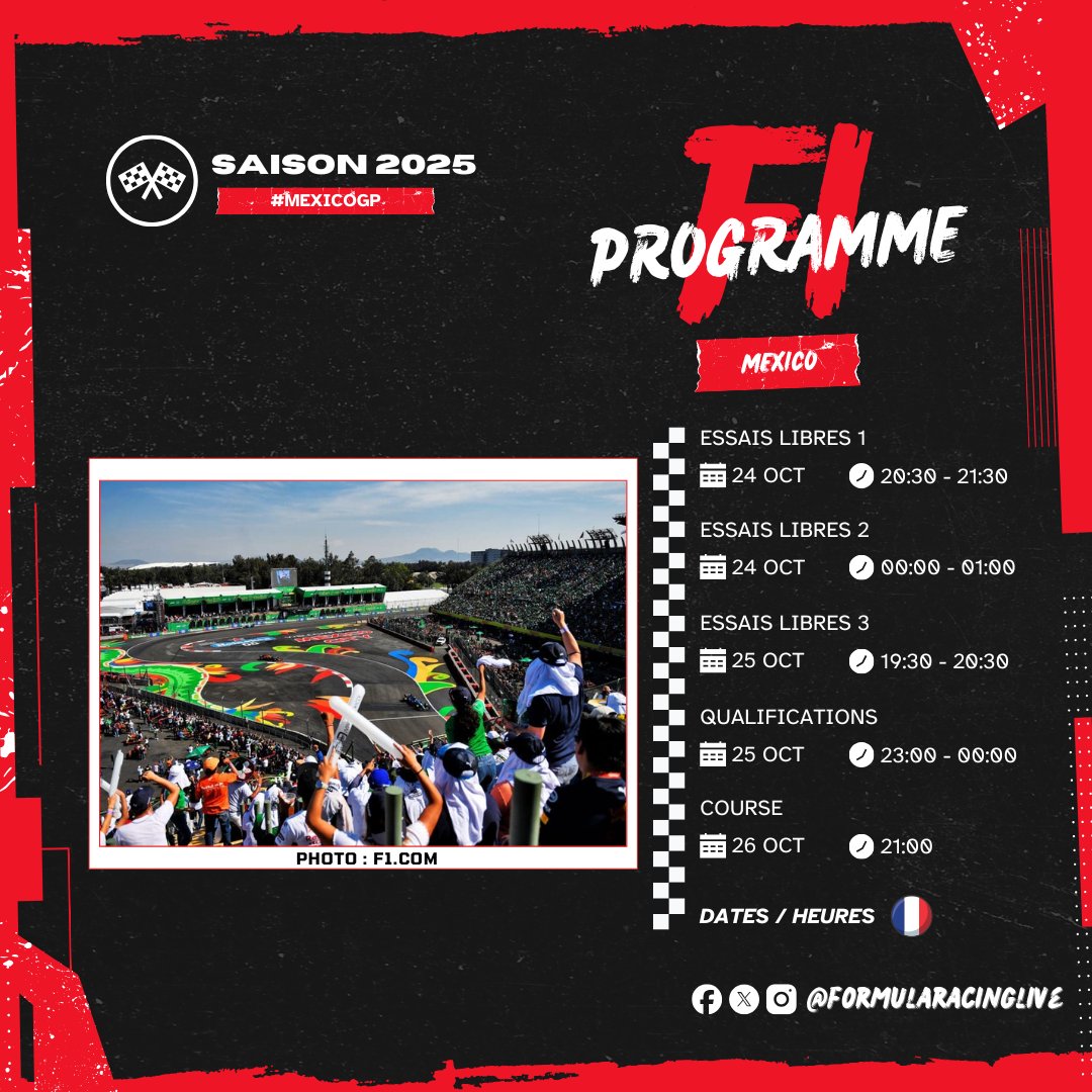 FormulaRLive's tweet image. 📣 Après le GP des Etats-Unis ...
Direction le Mexique pour la #F1, voici le programme complet 📰 #MexicoGP❗️😎
#programme #schedule #race #course #gp #canalplus #canalplussport