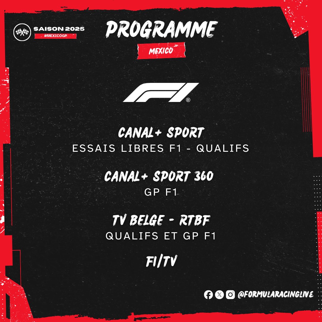 FormulaRLive's tweet image. 📣 Après le GP des Etats-Unis ...
Direction le Mexique pour la #F1, voici le programme complet 📰 #MexicoGP❗️😎
#programme #schedule #race #course #gp #canalplus #canalplussport