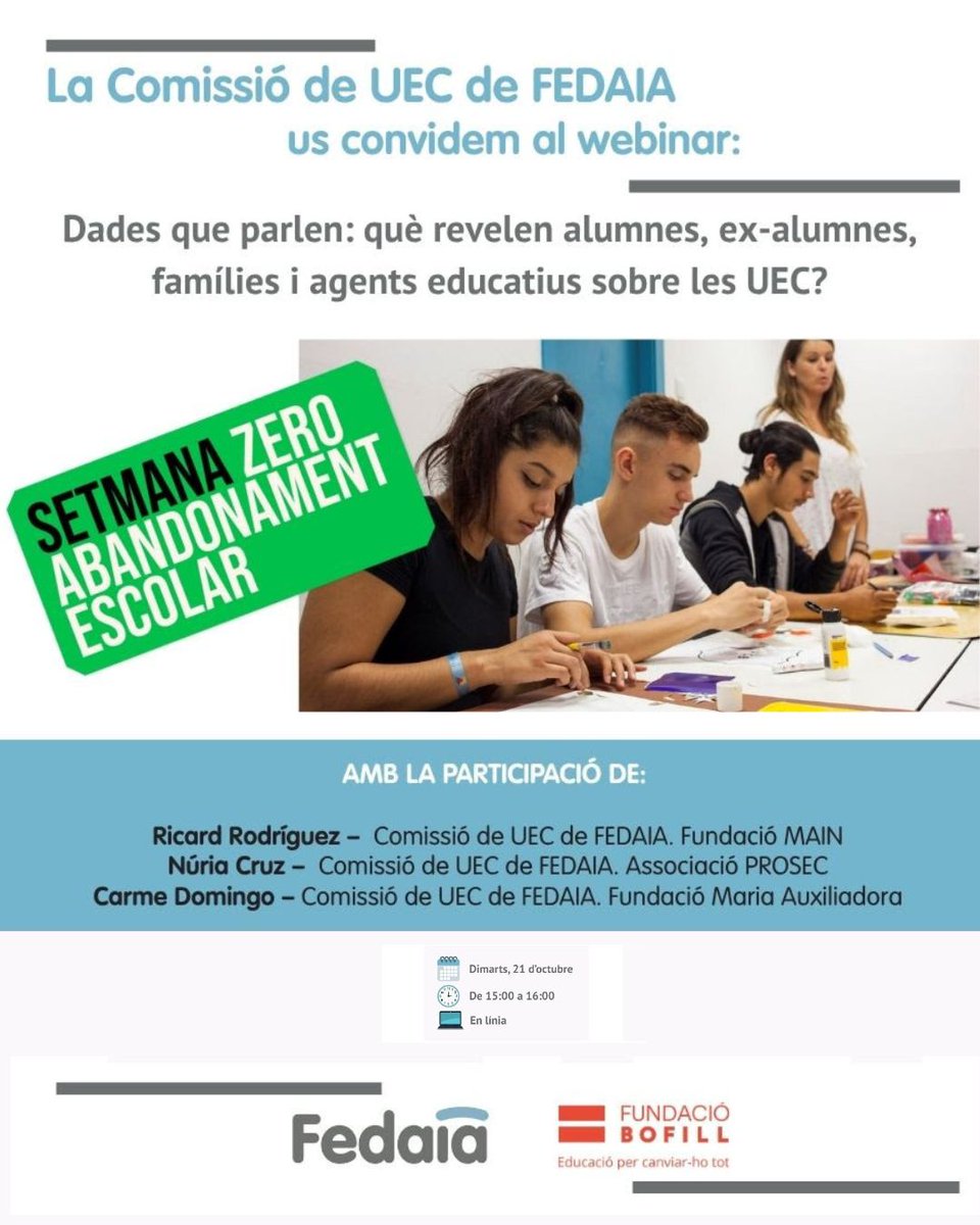 🧵1/ Les dades també parlen 📊
Què ens diuen alumnes, exalumnes, famílies i agents educatius sobre les UEC?
👉 La Comissió de UEC de <a href="/FEDAIA/">FEDAIA</a> et convida al webinar “Dades que parlen”.