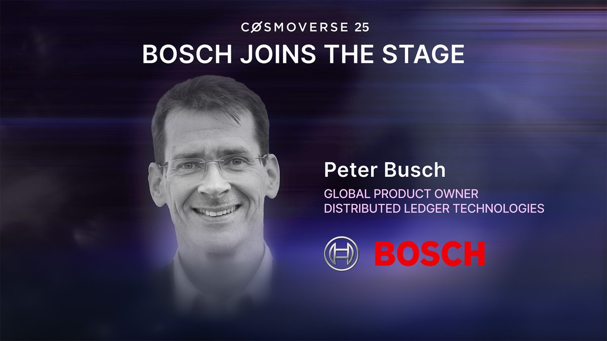 CosmoverseHQ's tweet image. We are excited to welcome Peter Busch, Global Product Owner for Distributed Ledger Technologies at Bosch, to #Cosmoverse25
Peter leads DLT initiatives within Bosch’s Mobility Strategy, applying decentralized technologies to enable trusted data exchange, automation, and new…
