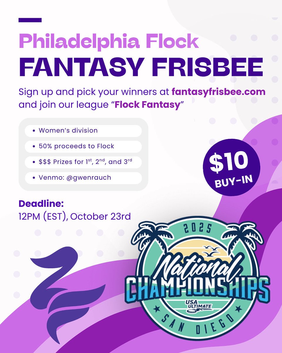 Looking for some competitive fun for Nationals?

Join our fantasy league and pick your winners for the women’s division, march madness style! Prizes for 1st, 2nd and 3rd! Just venmo $10 to play!

Join “Flock Fantasy” at fantasyfrisbee.com

fantasyfrisbee.com/leagueinvite/6…