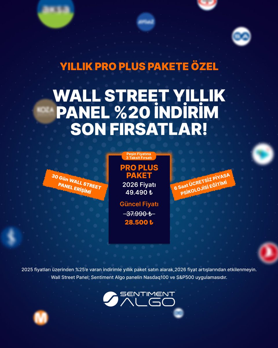 algo_sentiment's tweet image. 🚨WALL STREET YILLIK PANEL %20 İNDİRİM SON FIRSAT! 🚨
Sentiment Algo Yıllık Pro Plus paket alımına özel Yıllık Wall Street Panel için %20 indirim kazan.
Yıllık paketlerde %25’e varan indirim ve özel hediyeler seni bekliyor:
💼 21 Ekim Sonrası Yıllık Fiyatlar:
* Pro Plus Paket:…