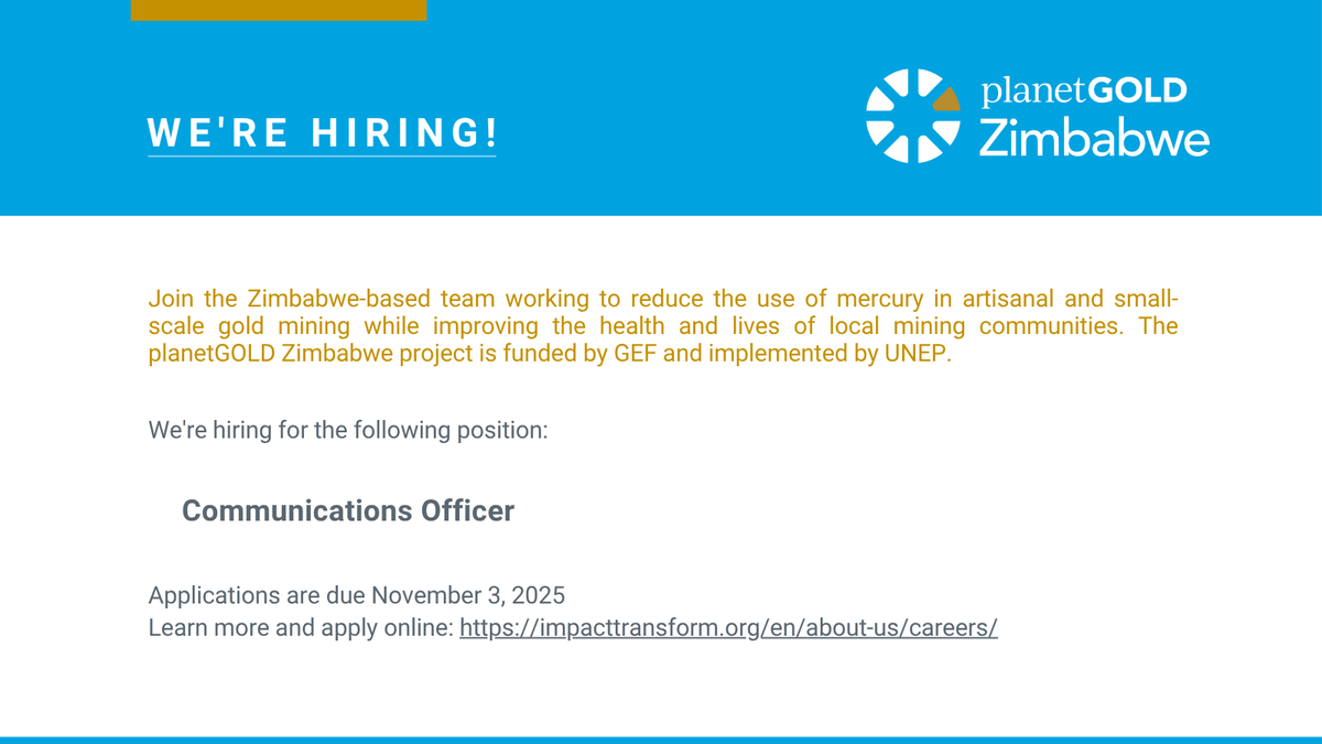 We are #Hiring!

We’re hiring a Communications Officer to support storytelling, media outreach, and awareness campaigns promoting mercury-free artisanal gold mining. 

Read more and Apply here: bit.ly/2JLGHFO
#Jobs