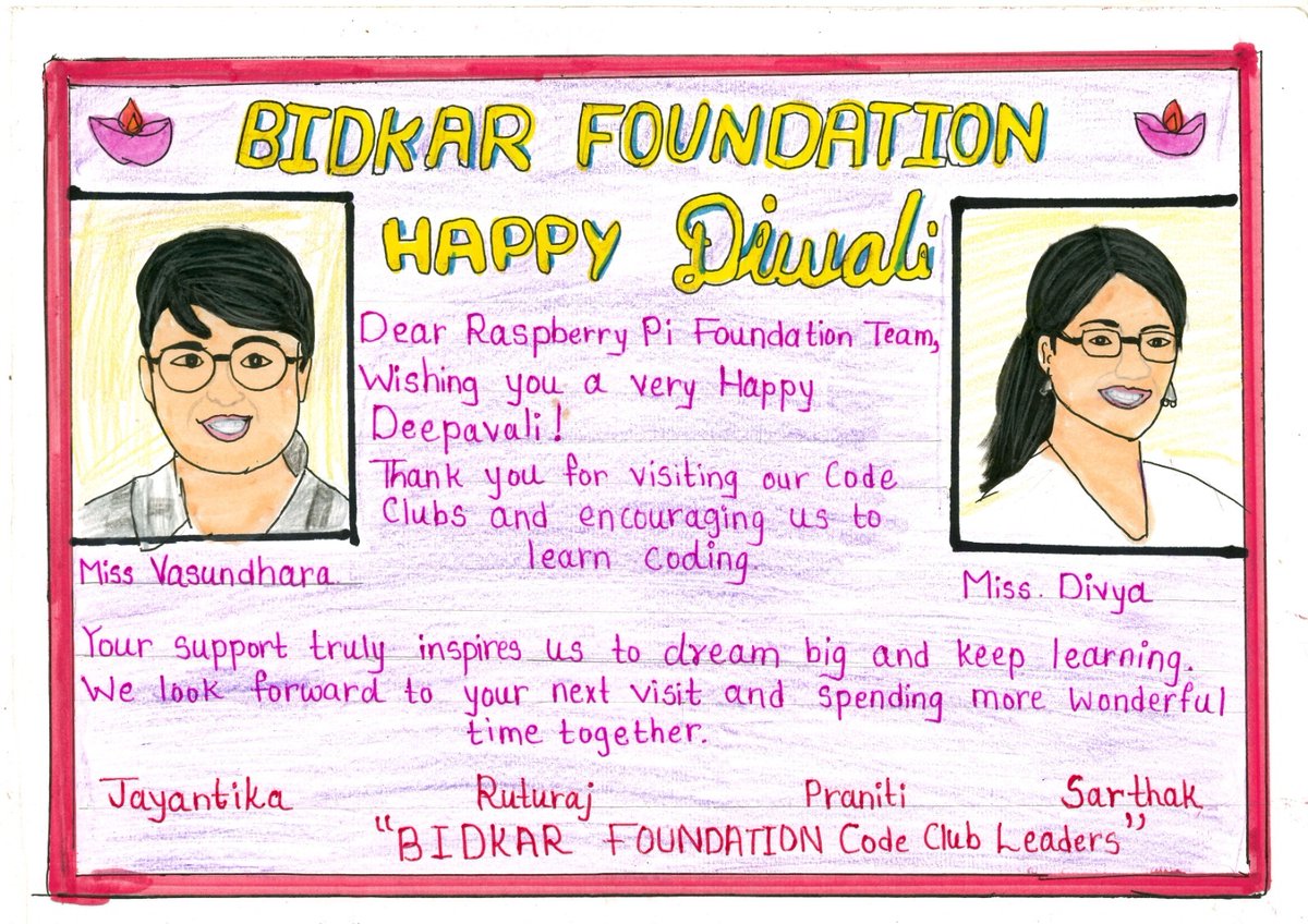 CodeClub's tweet image. We’re so touched to receive this beautiful handmade Diwali card from young coders at Bidkar Foundation Code Club!
Your creativity, enthusiasm, and love for learning remind us why we do what we do. Thank you for letting us be a part of your coding journey. 💖