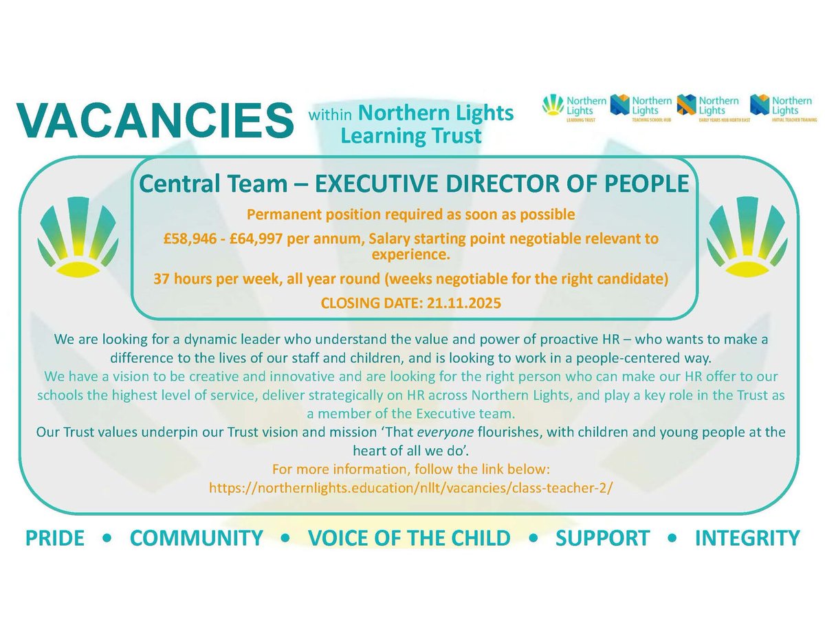 Central Team have a great opportunity to join our Northern Light’s family!
Find more information below:
northernlights.education/nllt/vacancies…