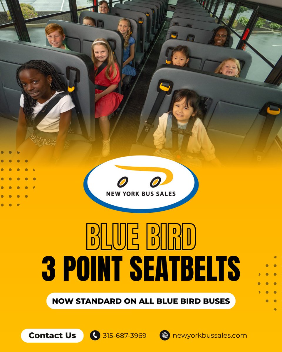 Safety starts with the seat!🚌💺Blue Bird's 3-point seat belts give students the same protection they’re used to in cars, providing added security and peace of mind. Because every trip should be a safe one.💛
#seatbelt #buckleup #schoolbussafetyweek #safety #bluebird #nybs