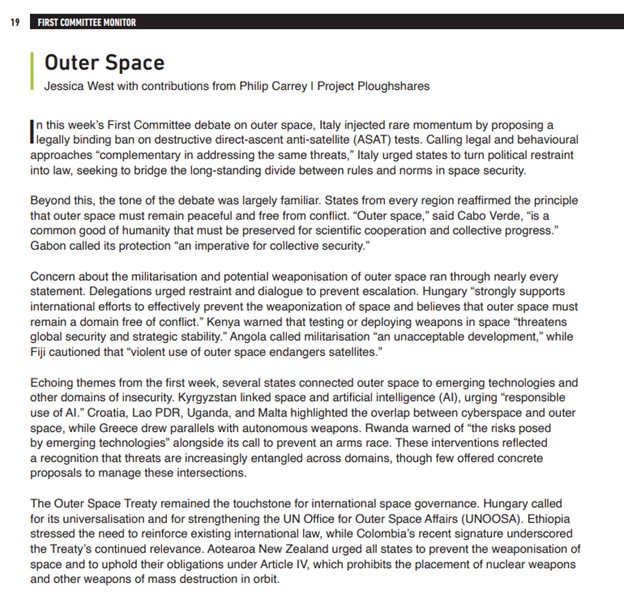JessicaWestPhD's tweet image. Week Two at #UNGA #FirstCommittee: #Italy proposed a legally binding ban on destructive #ASAT tests, turning restraint into law + bridging divides in #SpaceSecurity.

Also calls for equity + inclusivity in how we govern and share the benefits of space. 🌍
reachingcriticalwill.org/images/documen…