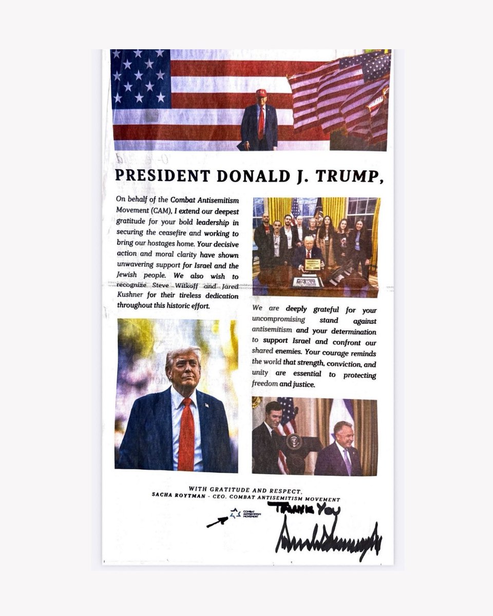 Nos sentimos honrados de compartir un momento especial para Combat Antisemitism Movement: El Presidente Donald J. Trump respondió personalmente a nuestra nota de agradecimiento publicada en The Jerusalem Post, agradeciéndonos por ello.