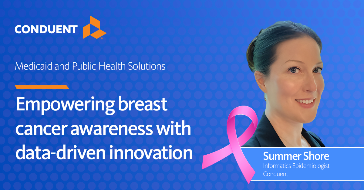 Conduent's tweet image. #BreastCancerAwarenessMonth is more than a moment on the calendar. It’s a reminder of an ongoing fight. In her latest piece, Summer Shore explores how data-driven solutions can strengthen #CancerDetection. Read more: bit.ly/3WbyH8y