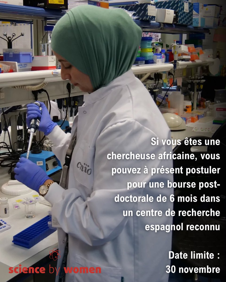 🧬#SciencebyWomen lance la 11ème édition de son programme de bourses de recherche destinées aux femmes scientifiques africaines 

👀15 centres de recherche espagnols qui offriront un total de 17 bourses. 

Pour postuler👇
mujeresporafrica.es/science-by-wom…