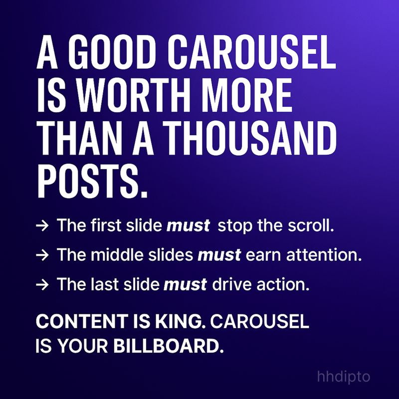 hhdipto's tweet photo. A good carousel is worth 1,000 posts. I've seen them out-convert ads.

After 50+ high-converting carousels for global brands, the formula is always the same:

→ Slide 1: Stop the scroll
→ Middle: Earn attention
→ Final: Drive action https://t.co/GU0NYjvfD7