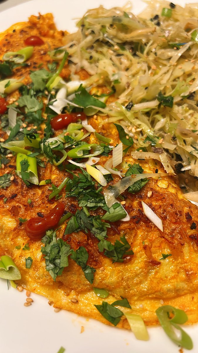 Crinspy gochujang rice stuffed pancakes with sesame seaweed slaw