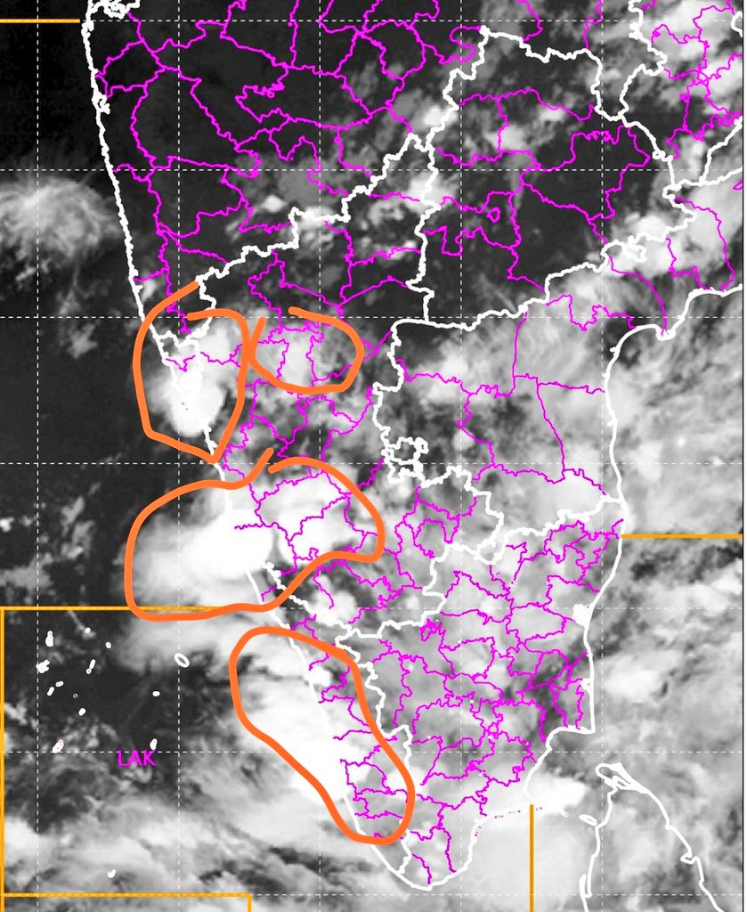 Hosalikar_KS's tweet image. Mod to intense convection over West Coast over parts of #SouthGoa, #Karnataka (interior too) &amp;amp; #Kerala &amp;amp; around. Possibility of #Thunderstorms over the region during nxt 3,4 hrs at isol places. 
Watch for CAP &amp;amp; TN region too. 
Watch for IMD alerts please. 
20 Oct, 7.45 pm