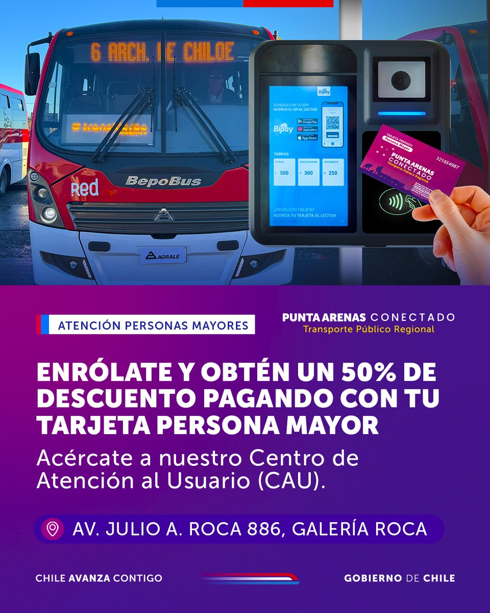 Estamos avanzando hacia el pago 100% electrónico del transporte mayor. Si tienes más de 60 años obtén tu tarjeta adulto mayor en el Centro de Atención a Usuarios. Allá, vinculn la tarjeta a tu rut para resguardar el saldo. Recuerda, la tarifa rebajada es un derecho.