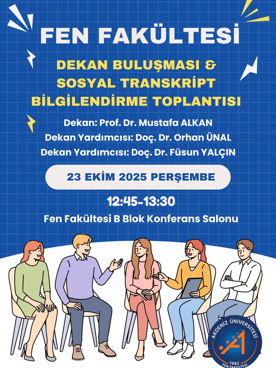 📅 23 Ekim 2025 Perşembe
🕐 12:45–13:30
📍 Fen Fakültesi B Blok Konferans Salonu
🔹 Dekanımız Prof. Dr. Mustafa Alkan: Soru-Cevap
🔹 Dekan Yardımcımız Doç. Dr. Orhan Ünal: Sosyal Transkript Bilgilendirmesi
Sorularını hazırla, bu buluşmada söz sende! 💬

#AkdenizÜniversitesi