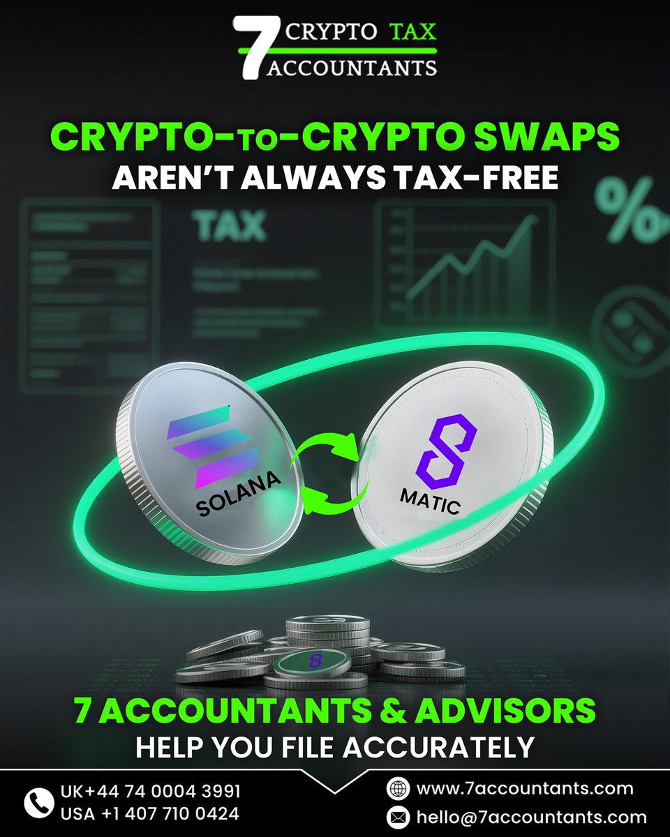 bitcoan's tweet image. Crypto swaps aren’t always tax-free! Stay compliant with 7 Accountants &amp;amp; Advisors — experts in crypto tax filing.

Visit: 7accountants.com
Email: hello@7accountants.com

#7Accountants #CryptoTax #CryptoAdvisors #TaxExperts #CryptoToCrypto