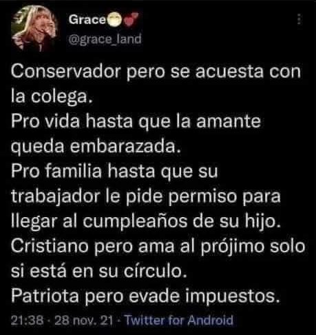 <a href="/jeancarlopmag/">Jean Carlo Portillo</a> Para la derecha su Dios es el dinero y el poder, la patria es evadir impuestos y abusar de la clase trabajadora, la familia, siempre y cuando sea la suya, la familia de los demás les vale 🥜 

La derecha, siempre hipócrita, doble moral. 👇👇
