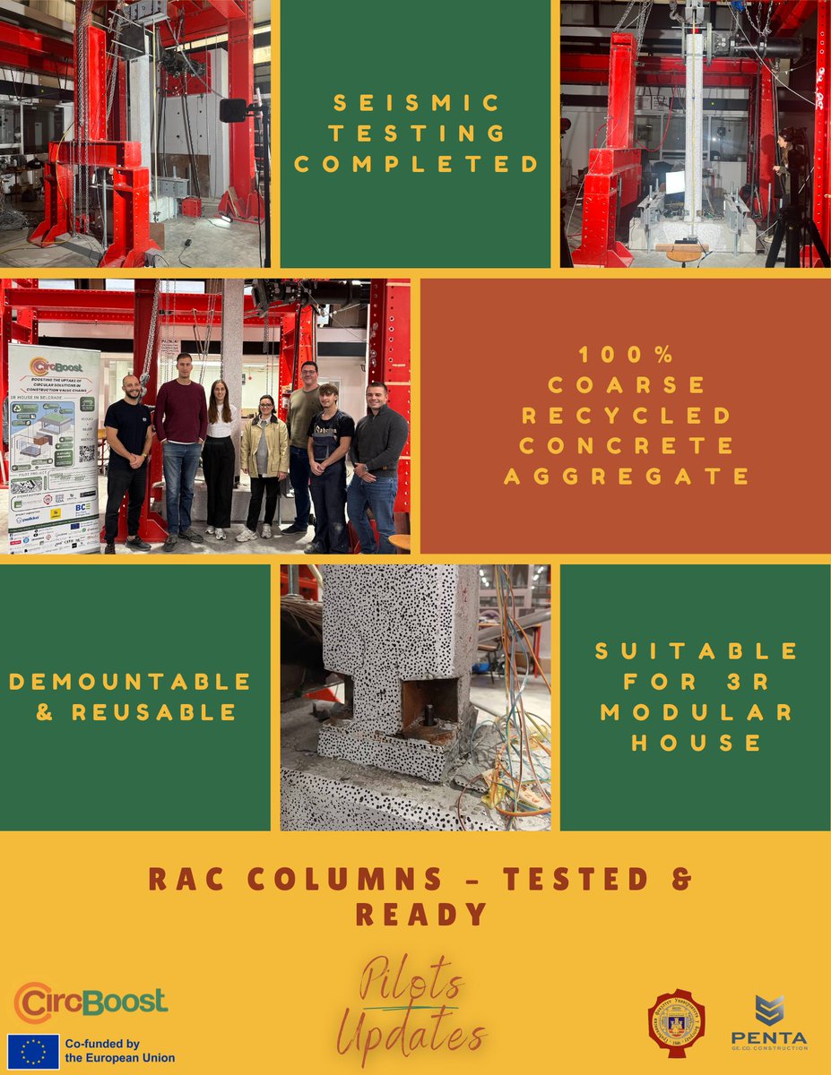 CircBoost's tweet image. ♻️ In #CircBoost Pilot 3, seismic testing of prefabricated columns made with 100% recycled aggregate concrete is complete!

✅ Suitable for moderate seismic zones
✅ Reusable RAC elements advance circular design
📍Led by @Grf_Beograd 

🔗 circboostproject.eu/pilot-3-belgra…

#CircBoost #RAC