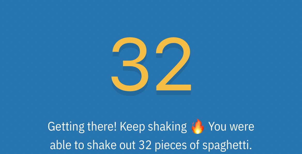 charol_7chee's tweet photo. γγγγγΌγοΌ
#spaghettigame ββπ 32 noodles
Getting there! Keep shaking π₯
https://t.co/lObvNCciqp
#EAT_IT_UP_SPAGHETTI https://t.co/NlGaE5WpKI