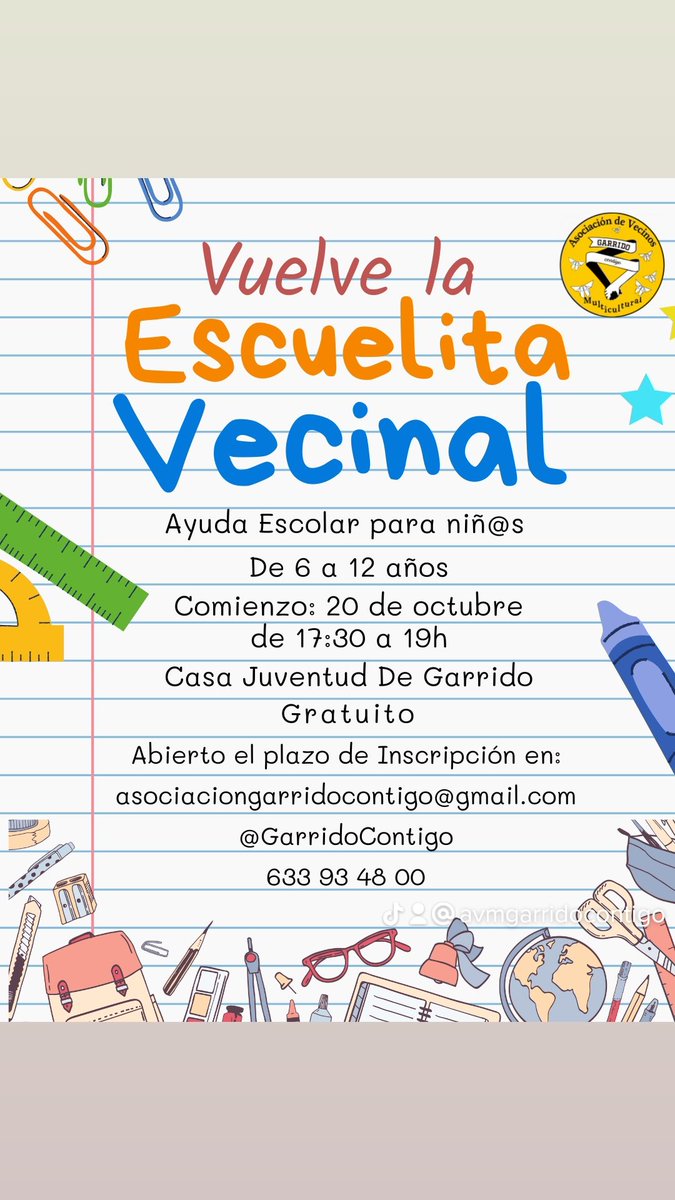 GarridoContigo's tweet photo. 🌻 ¡Vuelve la Escuelita Vecinal de Garrido!
📅 El lunes 20 a las 17:30 h abrimos para apuntarse y pedir información.
🧩 Las clases empiezan el miércoles 22 a las 17:30 h.
¡Nos vemos en la Escuelita! 💬👩‍🏫👨‍🏫 https://t.co/oy1ixHMbJB