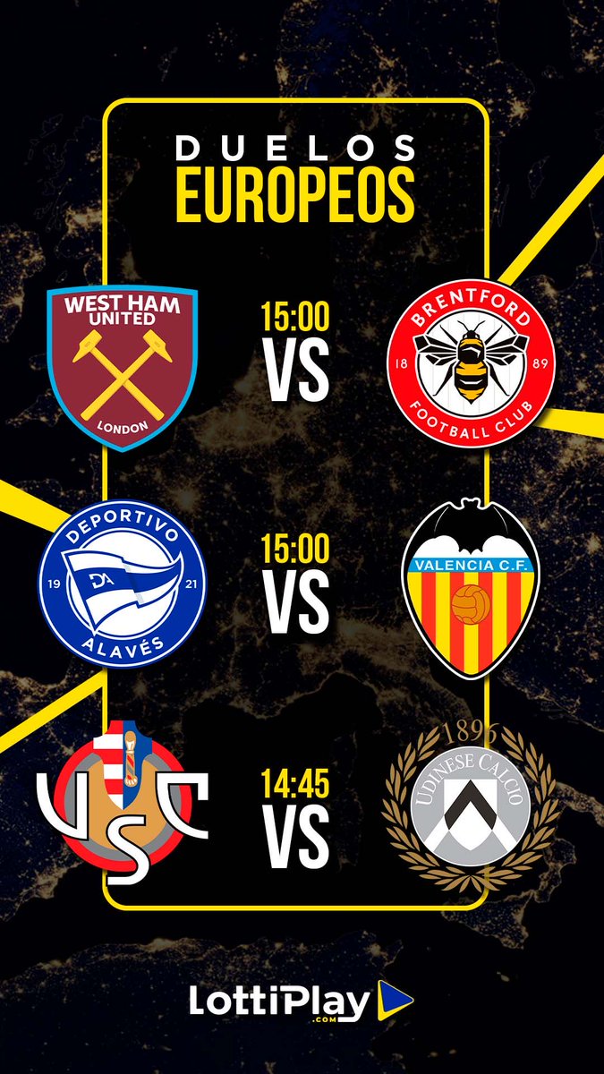 ¡Hoy la pasión del fútbol europeo se vive en #LottiPlay! ⚽🔥

Prepárate para estos partidazos:

West Ham ⚒️ vs Brentford 🐝 (15:00)
Deportivo Alavés 🔵 vs Valencia 🦇 (15:00)
US Cremonese 🔴⚪ vs Udinese ⚫⚪ (14:45)

¡Que ruede el balón! ¿Cuáles son tus pronósticos? 🤔