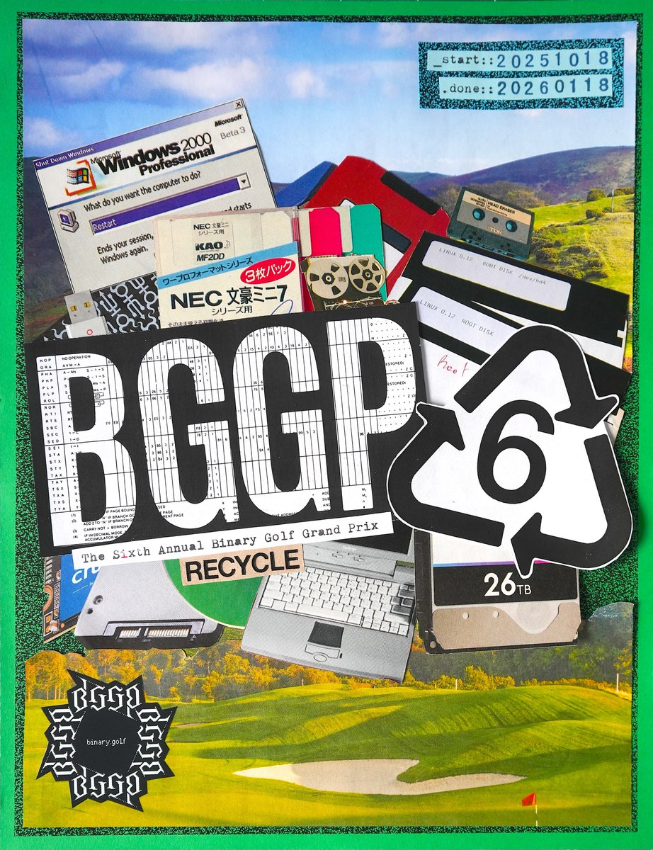 🏁 Binary Golf Grand Prix 6 has now launched and I'm entering again! 😎

This years topic ic "Recycle" and I've got an entry in already where I crash Chrome with a code palindrome, so off to a good start so far.

Let's go!

github.com/binarygolf/BGG…

#gbbp6