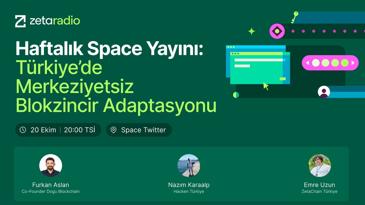 ZetaChainTR's tweet photo. 🎙 ZetachainTR ve @hackenturkey sponsorluğunda haftalık Space yayınlarına @dogublockchain kurucu ortağı @glorius_97 ile devam ediyoruz

🚀 Türkiye’de Merkeziyetsiz Blokzincir Adaptasyonu 
📅 20 Ekim | 20.00

⏰Alarmlarınızı kurmayı unutmayın: https://t.co/bBG5vJtYAX https://t.co/iL886avixa