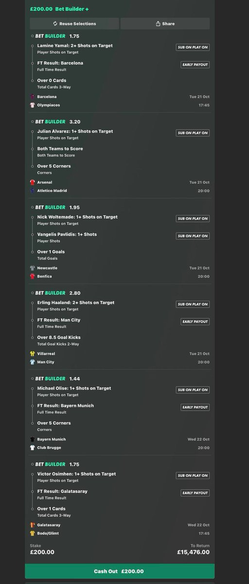 DailyBettingPot's tweet image. £200 INTO £15,476.00💷😍
CHAMPIONS LEAGUE BET BUILDER ACCA🟨 ⚽️
IF THIS WINS I WILL GIVE £1,000 TO 2 PEOPLE WHO ❤️AND RETWEET THIS POST.
BRING IT ON🤌