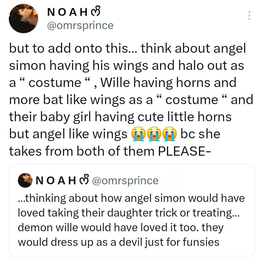 artbymarceshia's tweet photo. angel!Simon, demon!Wille, and their daughter in their halloween "costumes." it's the one day a year they dont have to hide who they are
for @omrsprince ❤️
#yrtwt #fanart #yrfanart #wilmon https://t.co/JiEScLwniO