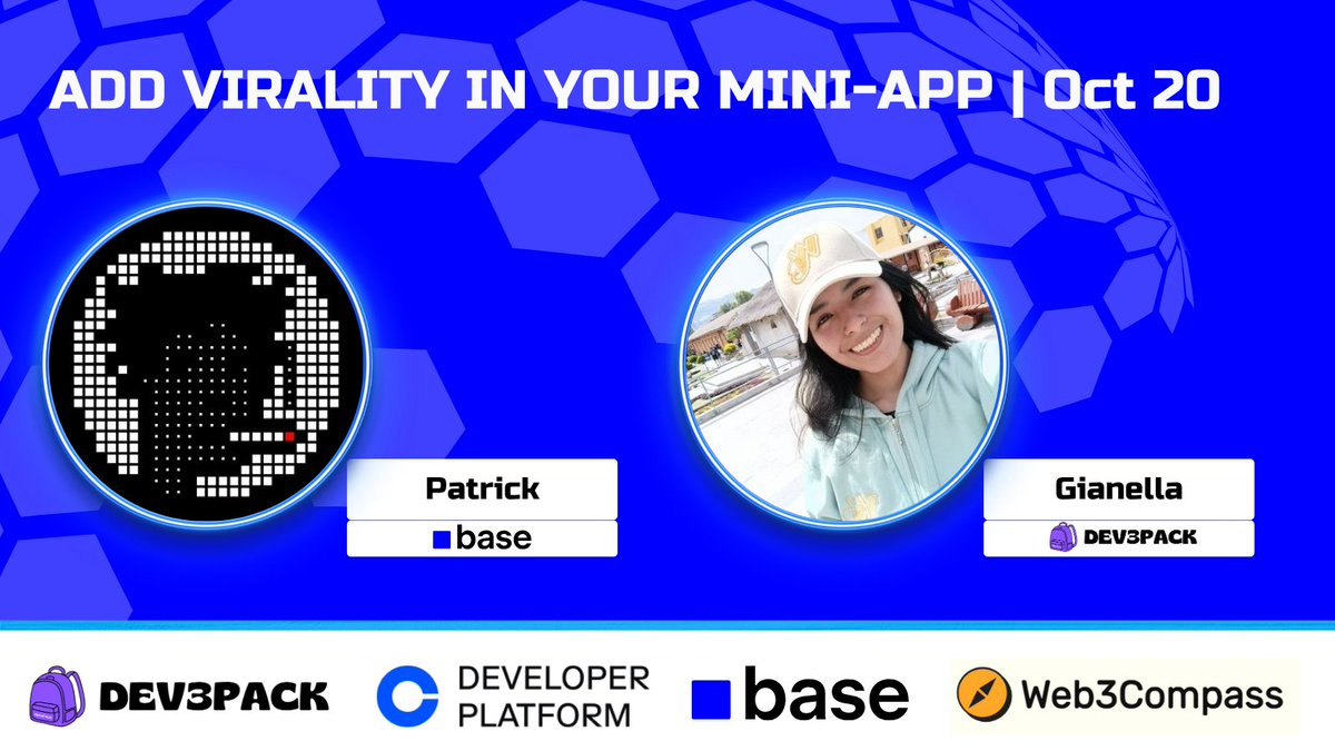 dev3pack's tweet image. Add virality to your mini-app on @base
Today, we welcome @hughescoin and @GianeWM as teachers to learn how to get your first 1,000 users in your app 🤝
Which mini-app are you building for Base Batches? 👀