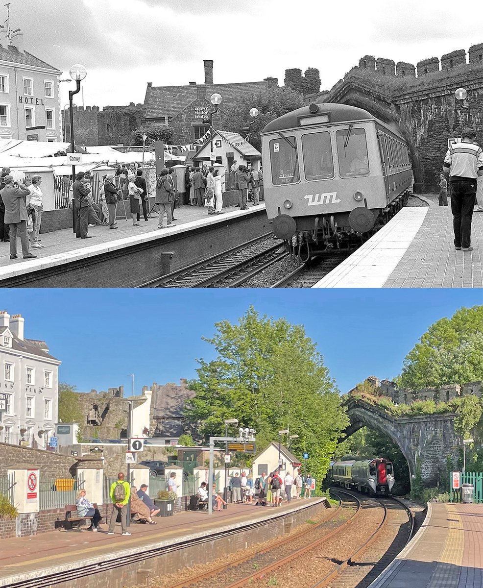 NowtbutaLad's tweet image. Trains entering #Conwy station on the North #Wales Coast Line - ceremonial opening of the new station 27th June 1987 [pic. L. Goddard] and my pic. 16th May 2025. #Railways @Visiting_Conwy @tfwrail @ConwyVNWCoast @transport_wales @railnigel #ThenAndNow