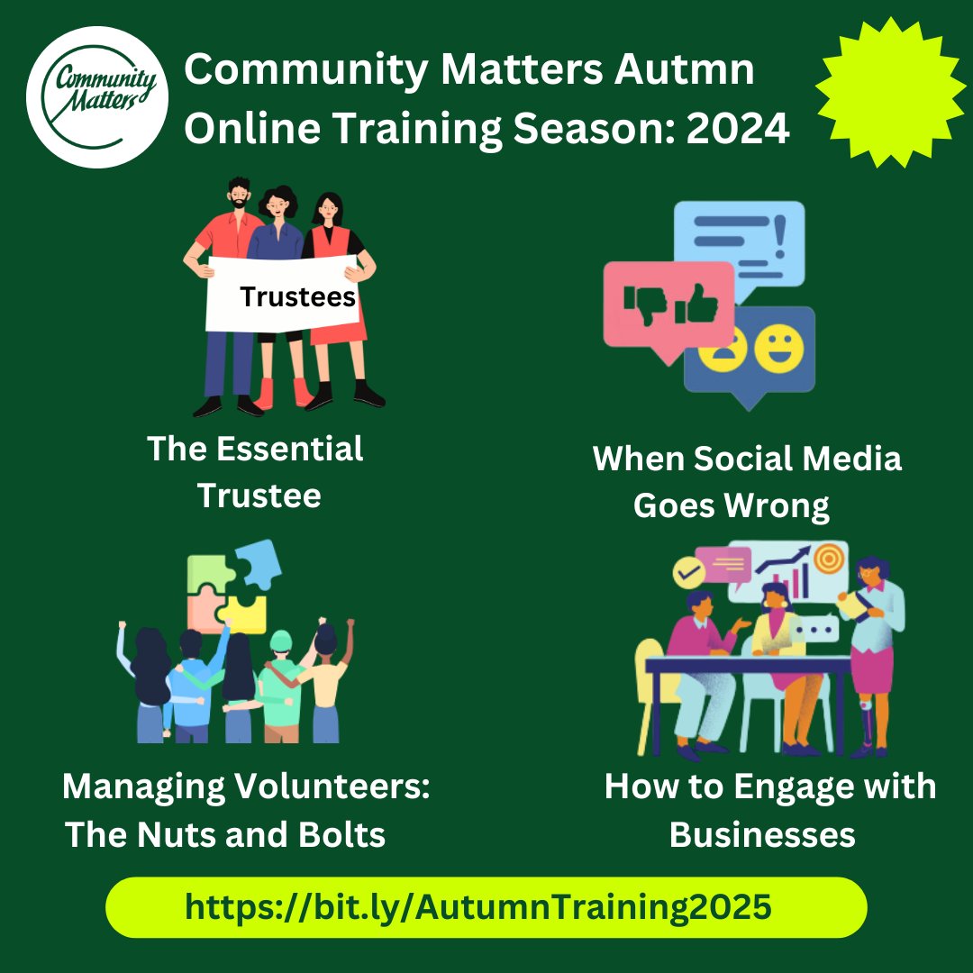 The next session of our online Autumn Training Season is on 4th Nov and is: The Essential Trustee. For a full list and to book see: bit.ly/AutumnTraining…

#TrainingCM