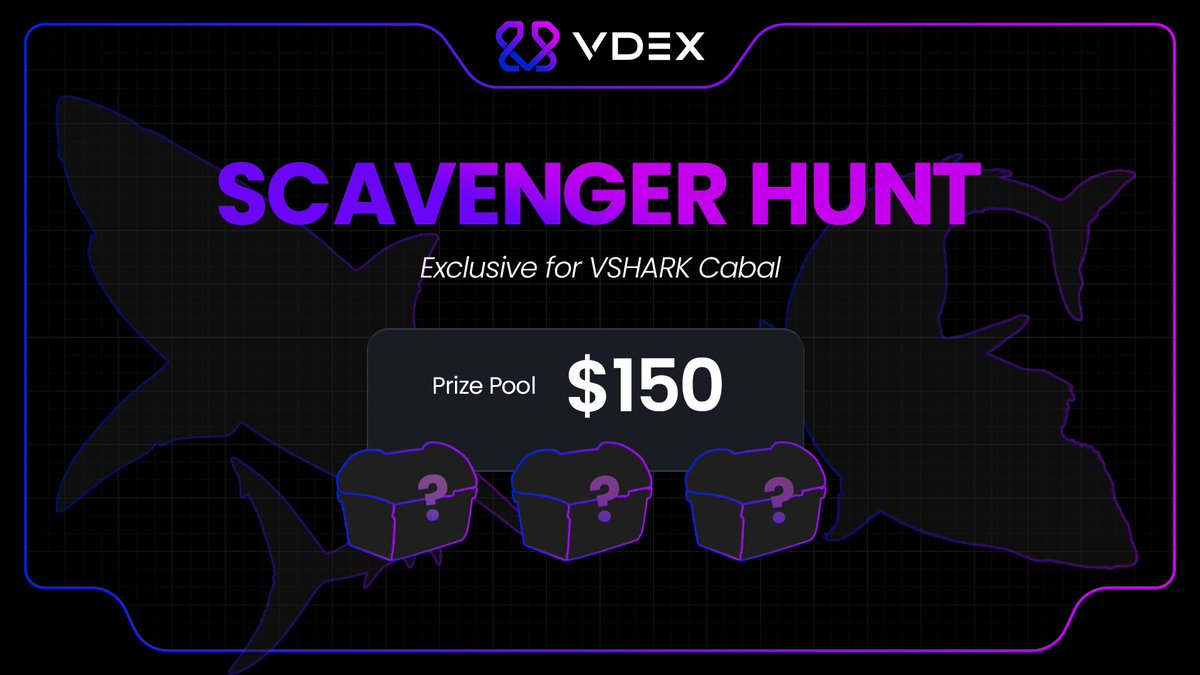 0xVDEX's tweet image. VSHARK Cabal — Scavenger Hunt

Exclusive to Cabal members.

Monday, Wednesday, Friday at 11:00 EST Weekly
Prizes: $50 per day ($150 weekly)
Place: VSHARK Cabal Telegram
How to join: Watch announcement in the Cabal group &amp;amp; complete missions.

Apply: 
docs.google.com/forms/d/1R_9Yb…
