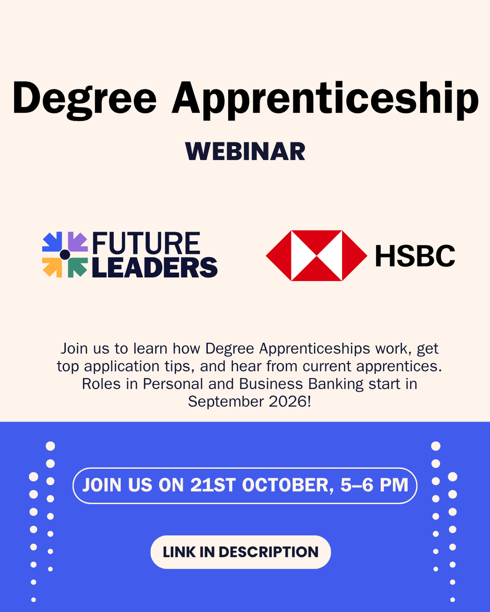 futureleadersprogramme (@future_leadersp) on Twitter photo ⏰ Happening soon! 
Join Future Leaders x HSBC on 21 Oct, 5–6 PM for insights on Degree Apprenticeships in finance, business & engineering.
 
Hear from recruiters and apprentices. Don’t miss it! 
Register docs.google.com/forms/d/e/1FAI… 
#FutureLeadersUK #HSBC #DegreeApprenticeships ⏰ Happening soon! 
Join Future Leaders x HSBC on 21 Oct, 5–6 PM for insights on Degree Apprenticeships in finance, business & engineering.
 
Hear from recruiters and apprentices. Don’t miss it! 
Register docs.google.com/forms/d/e/1FAI… 
#FutureLeadersUK #HSBC #DegreeApprenticeships