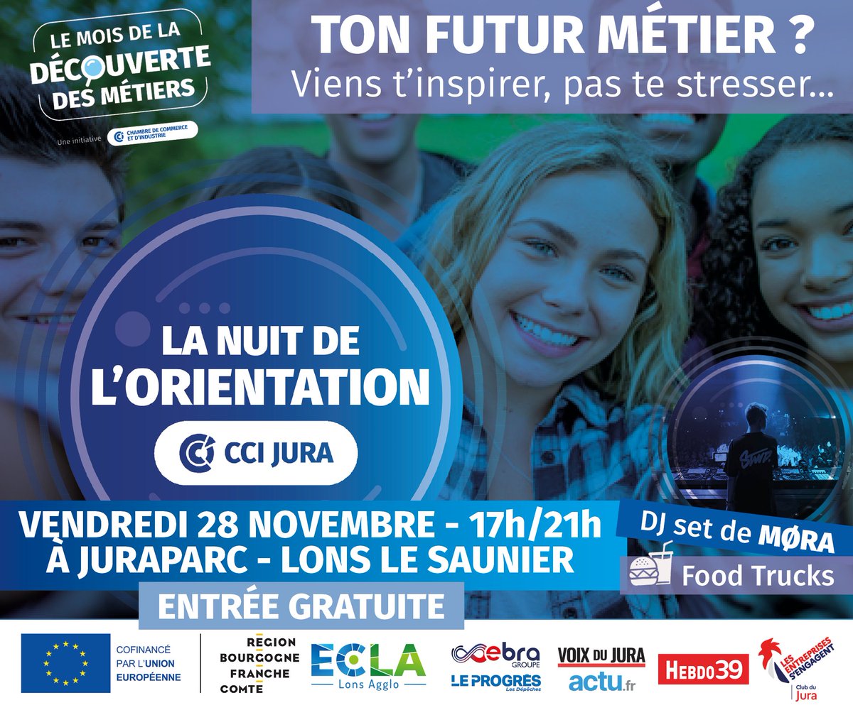 🌙 SAVE THE DATE
La 1ʳᵉ Nuit de l’Orientation arrive à Lons !
💬 Échanges avec des pros, tests, réalité virtuelle, mini-conférences…
Food trucks &amp; DJ set de Mora pour une soirée festive et inspirante !
📅 Ven. 28 nov – Juraparc (Lons-le-Saunier)