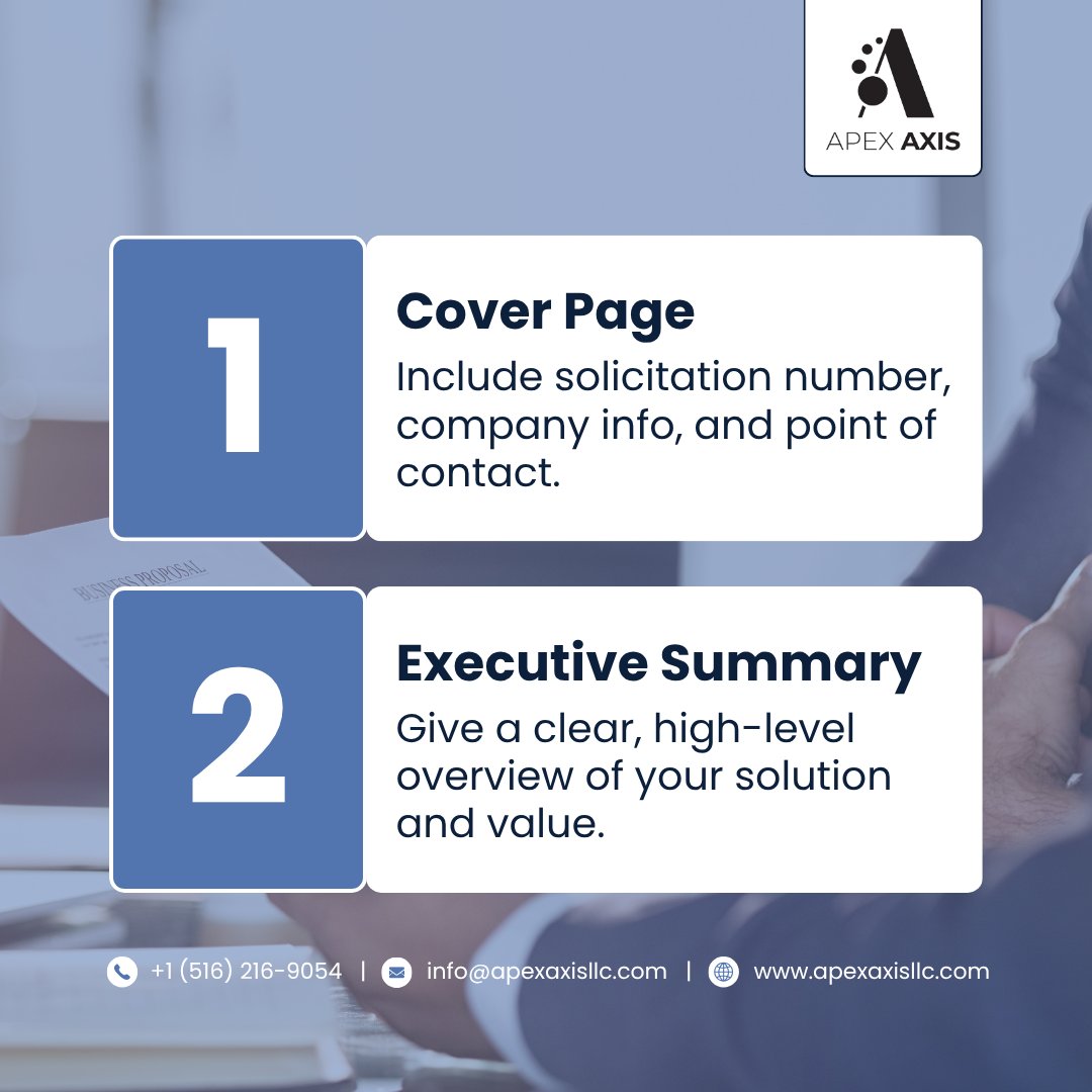 ApexAxisLLC's tweet image. 🚀 Don’t let small mistakes cost you big contracts!
Check out the 10 things your government proposal must include to stay competitive.
#GovCon #SmallBusinessTips #GovernmentProposals #ApexAxisLLC #ProposalWriting #BusinessStrategy #ContractOpportunities #FederalMarketplace