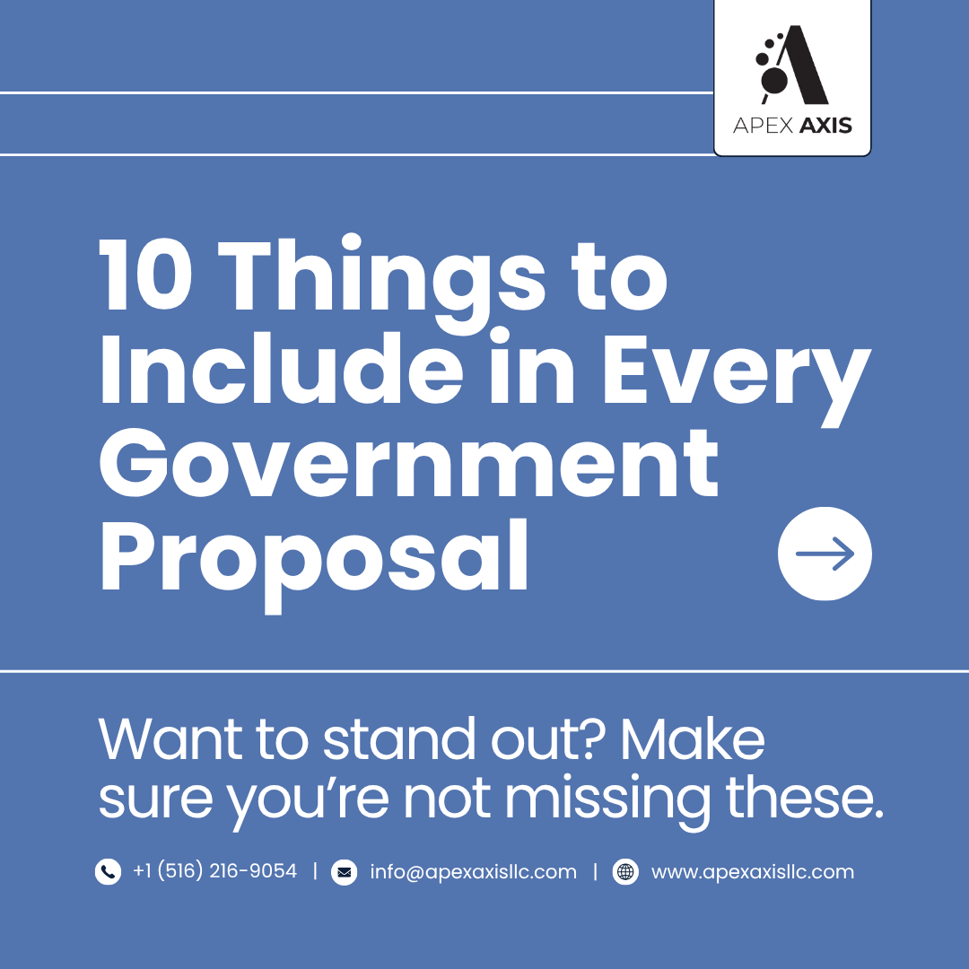 ApexAxisLLC's tweet image. 🚀 Don’t let small mistakes cost you big contracts!
Check out the 10 things your government proposal must include to stay competitive.
#GovCon #SmallBusinessTips #GovernmentProposals #ApexAxisLLC #ProposalWriting #BusinessStrategy #ContractOpportunities #FederalMarketplace