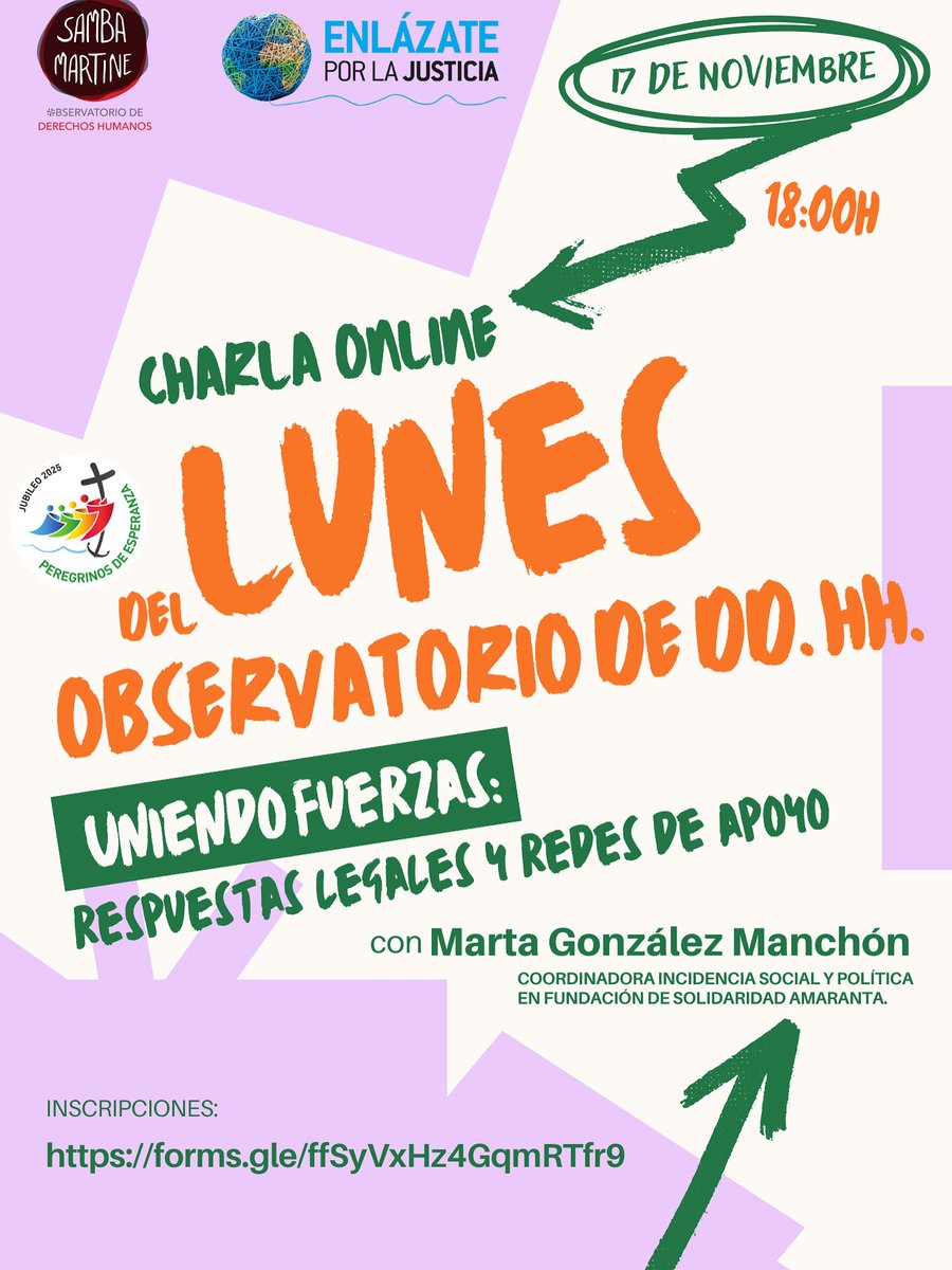 5ª Charla online sobre #TratadePersonas del Observatorio de DDHH Samba Martine
📅 17 nov · 🕕 18:00–19:00
💬 “Uniendo fuerzas: respuestas legales y redes de apoyo”
🎙️ Marta González Manchón – Fundación Solidaridad Amaranta
📩 Inscripciones: docs.google.com/forms/d/e/1FAI…
