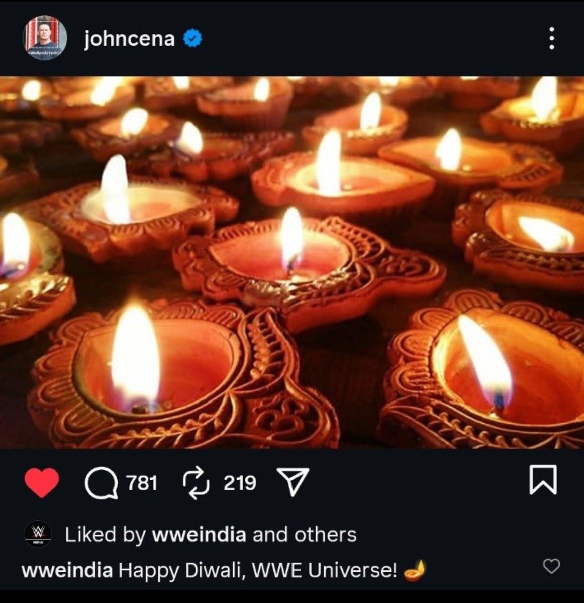 itzsecondself's tweet image. John Cena&apos; s instagram post on diwali 🎇🪔