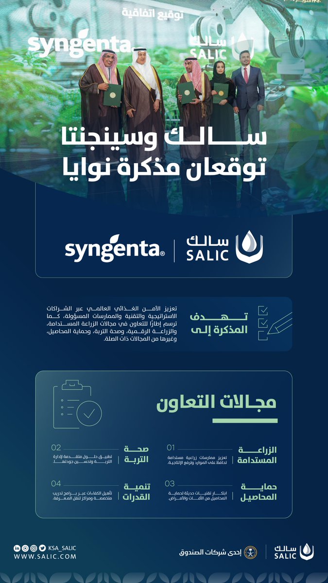 Group of men in traditional Saudi attire and suits standing together in a green outdoor setting with plants in background. Logos of Syngenta and SALIC visible at bottom. Arabic text overlay announces memorandum of understanding between SALIC and Syngenta for sustainable agriculture cooperation on sidelines of Saudi Agricultural Exhibition 2025. Green checkmarks and numbered sections appear below text. SALIC website and social media handles at bottom corners.