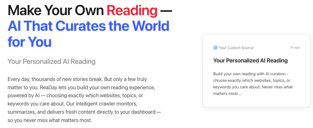 clarckwang's tweet image. 🚀 Introducing ReaDay — your AI-powered personal newspaper.

Stop scrolling. Start reading what matters.

📰 Make your own newspaper
❤️ Read what you like
⏳ Save your reading time
→ readay.xyz (coming soon)
#AI #Productivity #NewsTech #ReaDay
