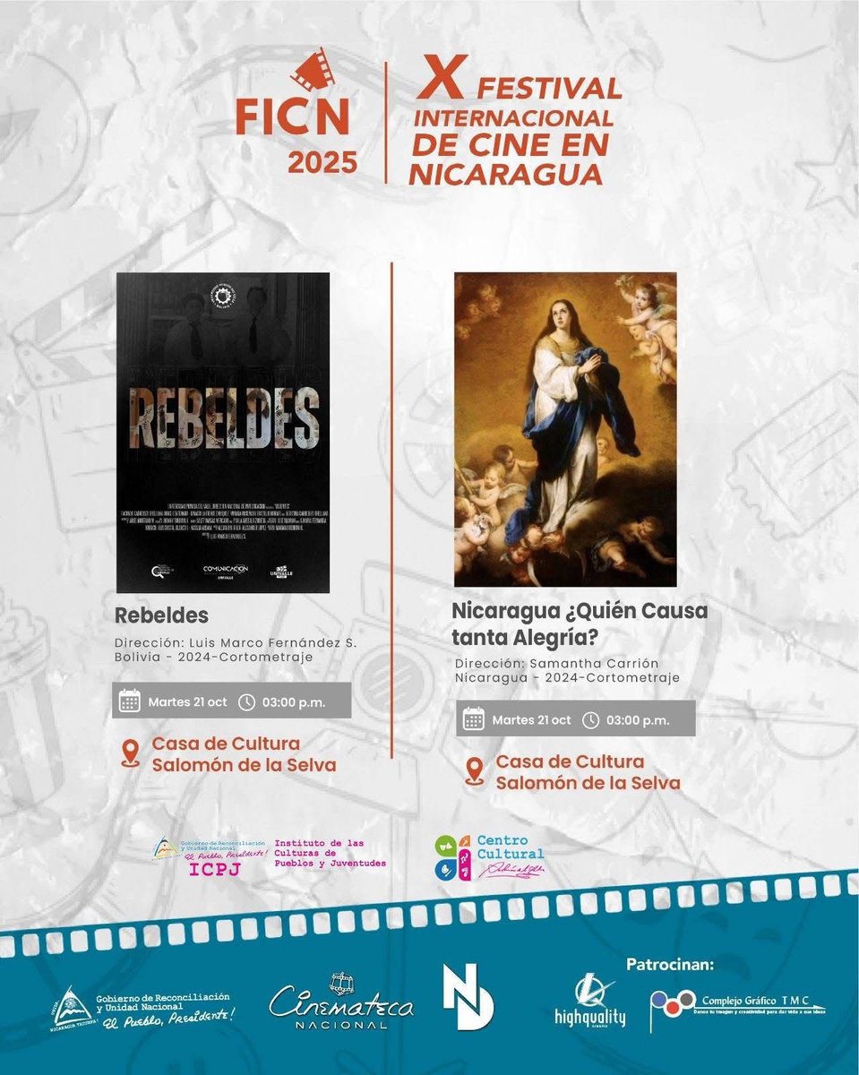 FloryCantoX's tweet photo. 🎥 Con el mayor de los orgullos, les comparto que el mucha primer documental de mi amiga @samcarrion18 
“Nicaragua ¿Quién causa tanta alegría?” 
formara parte de la Selección Oficial del X Festival Internacional de Cine en #Nicaragua.

📅 Martes 21 de octubre
🕒 3:00 p.m.
📍 Casa de Cultura Salomón de la Selva

No se lo pueden perder, ya que es un documental que nació del amor, de la fe y de la memoria.