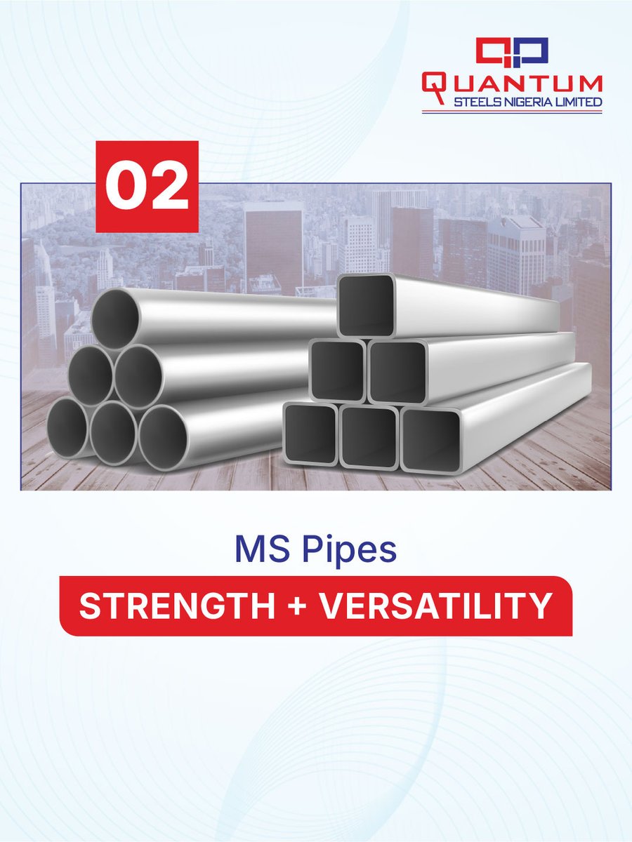 QuantumGroupNig's tweet image. MS Pipes(Mild Steel Pipes) are the backbone of construction and industry. Strong, versatile, and reliable for plumbing, fabrication, or large builds. Built to last by Quantum Steels.

Contact us: sales1@rinlnig.com
#QuantumSteels #MSPipes #SteelStrength #BuildingMaterials