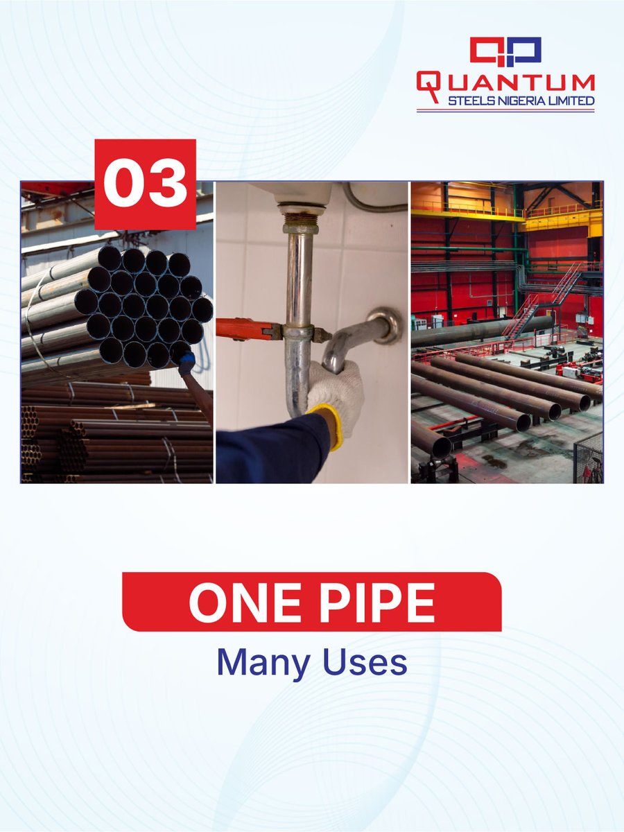 QuantumGroupNig's tweet image. MS Pipes(Mild Steel Pipes) are the backbone of construction and industry. Strong, versatile, and reliable for plumbing, fabrication, or large builds. Built to last by Quantum Steels.

Contact us: sales1@rinlnig.com
#QuantumSteels #MSPipes #SteelStrength #BuildingMaterials