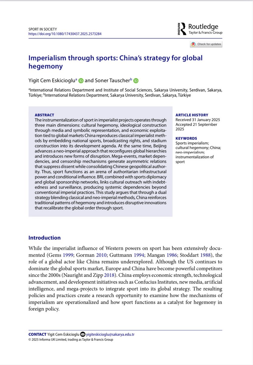 📣 Yeni Yayın Duyurusu

DİAM hocalarımız <a href="/EskiciogluYigit/">Yigit Eskicioğlu</a> ve <a href="/SonerTauscher/">sonert</a>'in "Imperialism through Sports: China’s Strategy for Global Hegemony” başlıklı makalesi, alanın önde gelen dergilerinden Sport in Society (SSCI) dergisinde yayımlanmıştır.

🔗 doi.org/10.1080/174304…