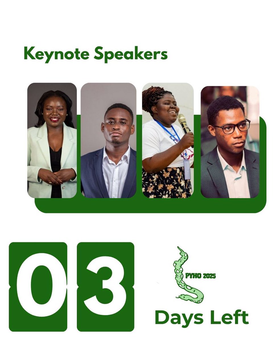 PythonHo's tweet image. 🚀 ONLY 3 DAYS! 🚀
The wait is almost over! Get ready for powerful keynotes from our incredible speakers:
👩💻 @Edinam233
👩💻 @BarbaraAsiamah5
👨💻 @datgerhardt
👨💻 @issaka_saddick
Are you ready?
#PyHo2025 #3DaysToGo #KeynoteSpeakers #PythonCommunity 🐍