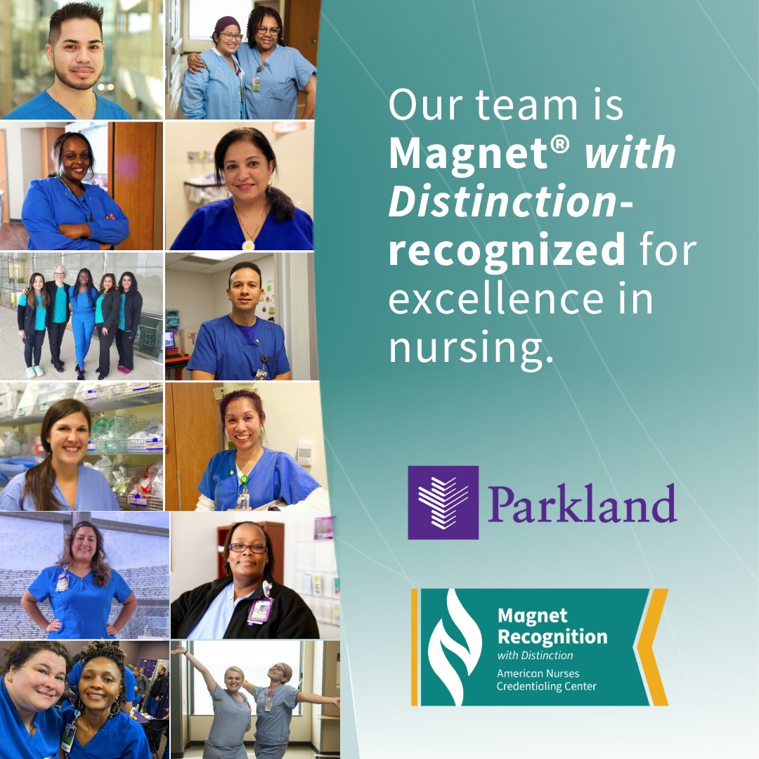 Parkland's tweet image. Parkland Health is proud to receive ANCC Magnet Recognition® with Distinction, the highest and most prestigious distinction a health care organization can receive for nursing practice and quality patient care.

#ANCCMagnet #nursingexcellence #ParklandProud #ParklandNursing
